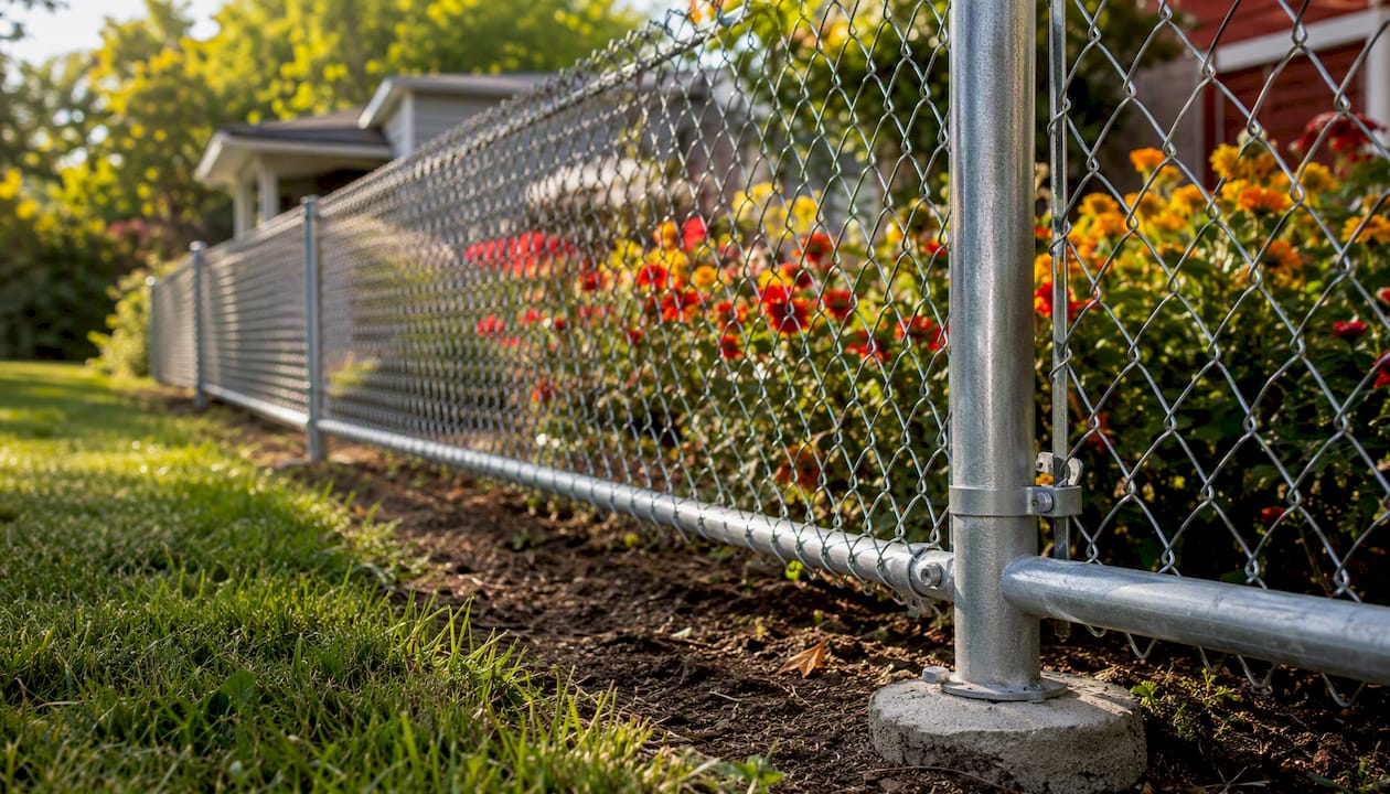 Chain-link dog fence with concrete post footings