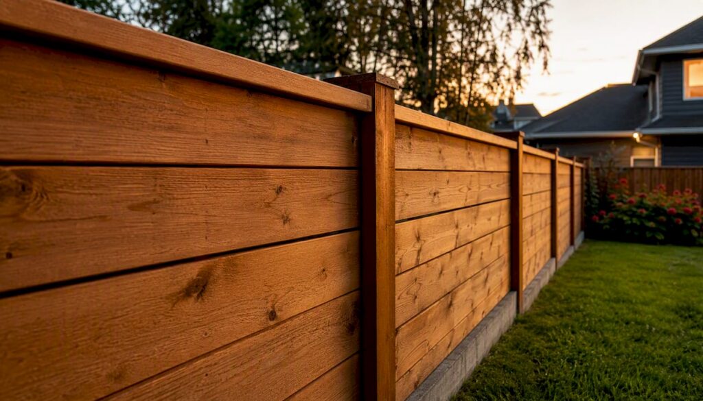 Wood privacy fence with footer detail in backyard