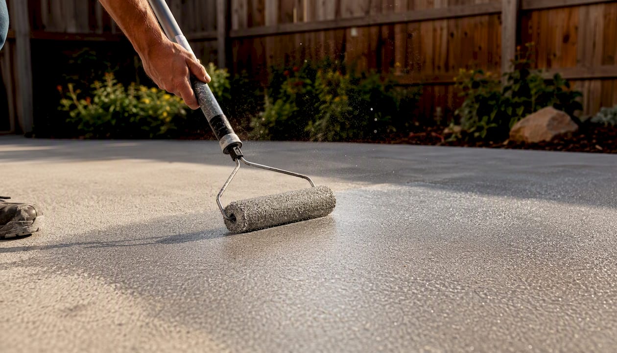 Hands rolling matte concrete sealer with polymer grit