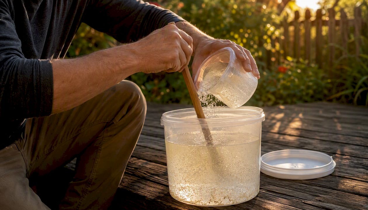 Hands mixing polymer grit into concrete sealer bucket