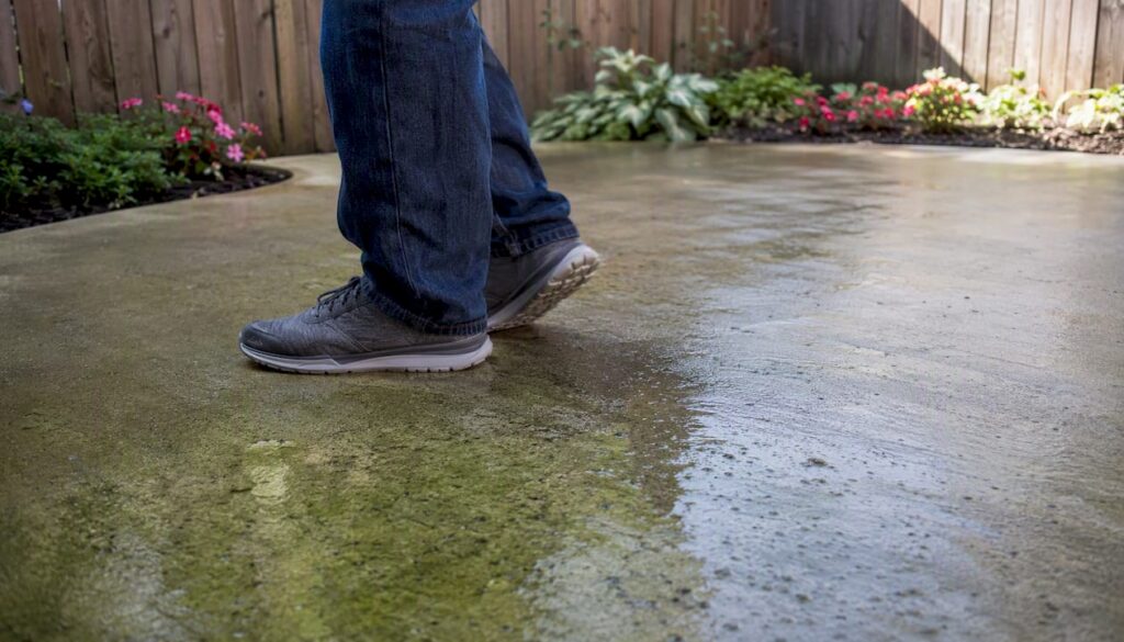 Wet concrete patio surface with cautious footstep