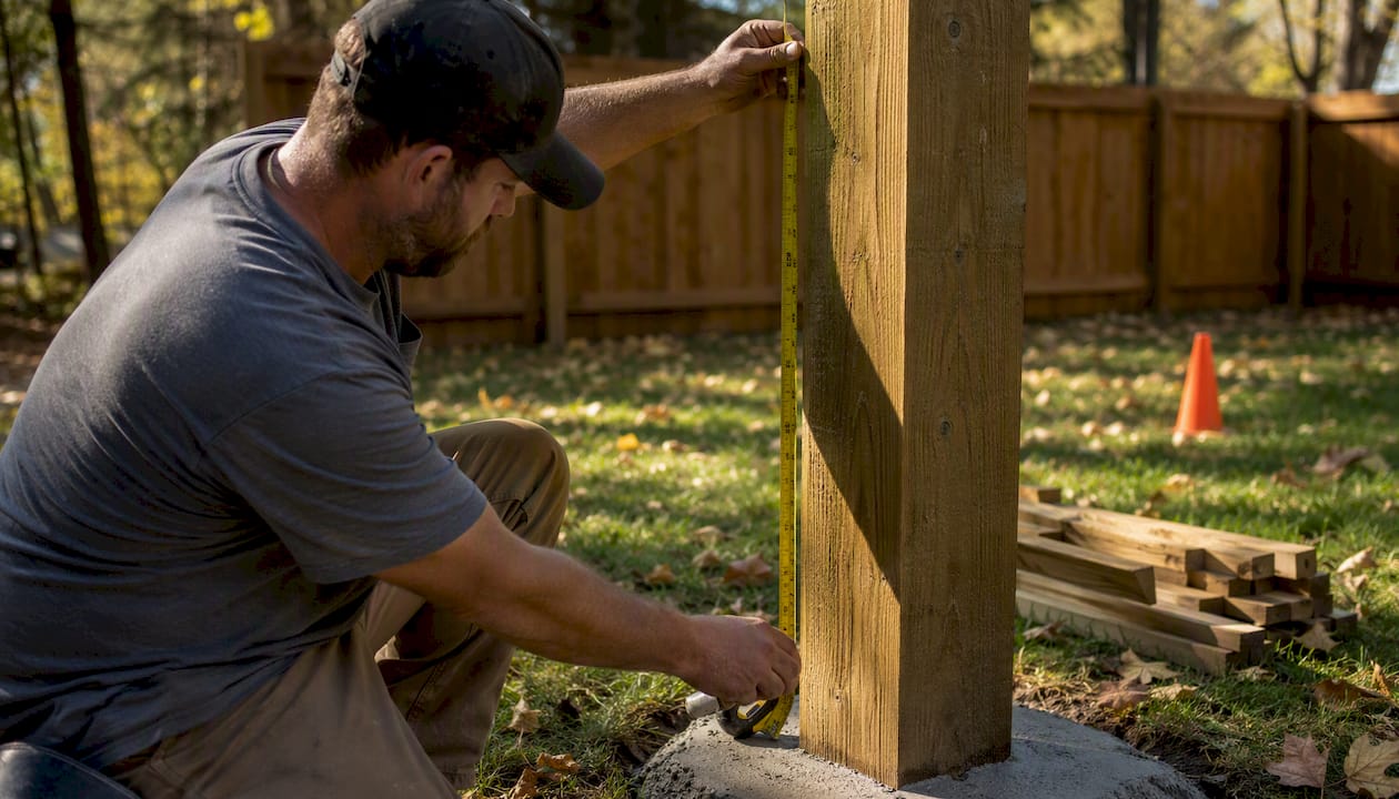 Contractor measuring installed wood fence post outdoors