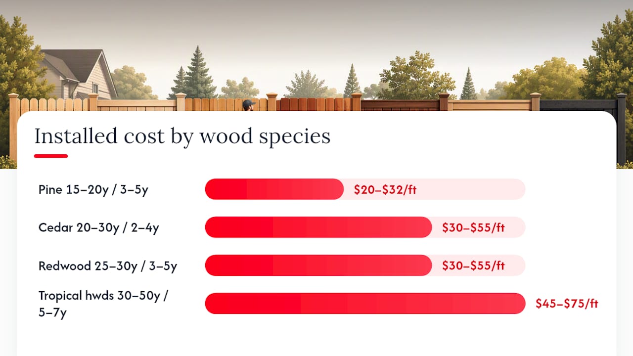 Comparison chart of wood fence species costs, lifespan, and maintenance