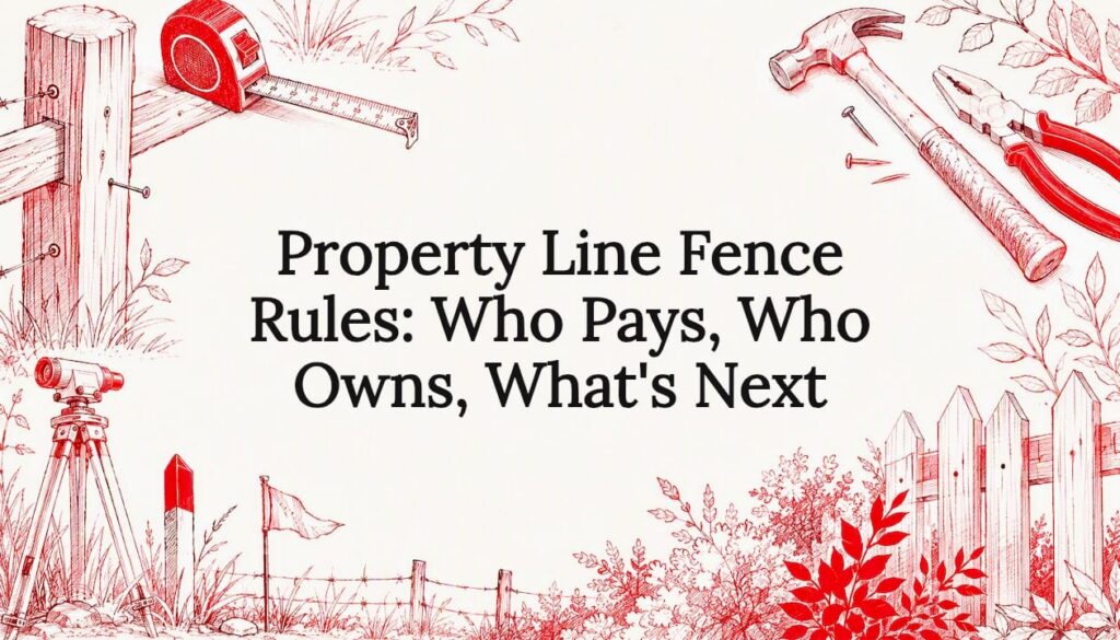 Property Line Fence Rules: Who Pays, Who Owns, What's Next Decorative title card illustration with fence and surveying tools