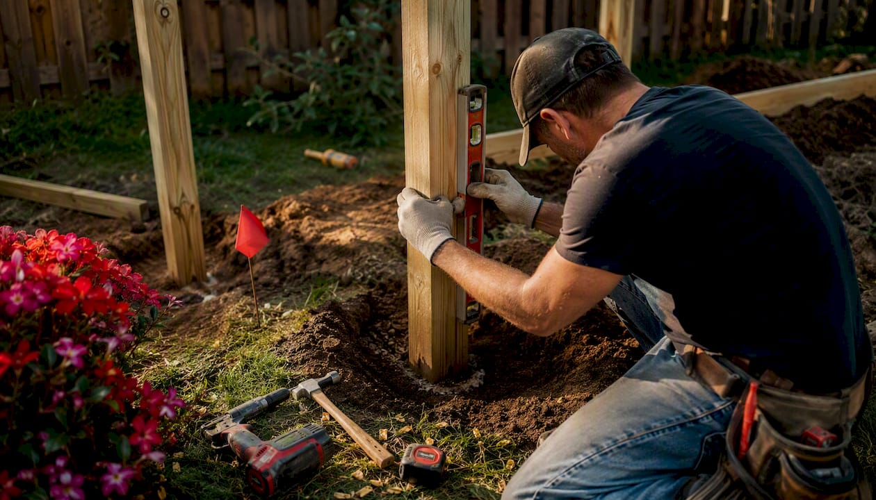 Property Line Fence Rules: Who Pays, Who Owns, What's Next Contractor installing fence post with tools