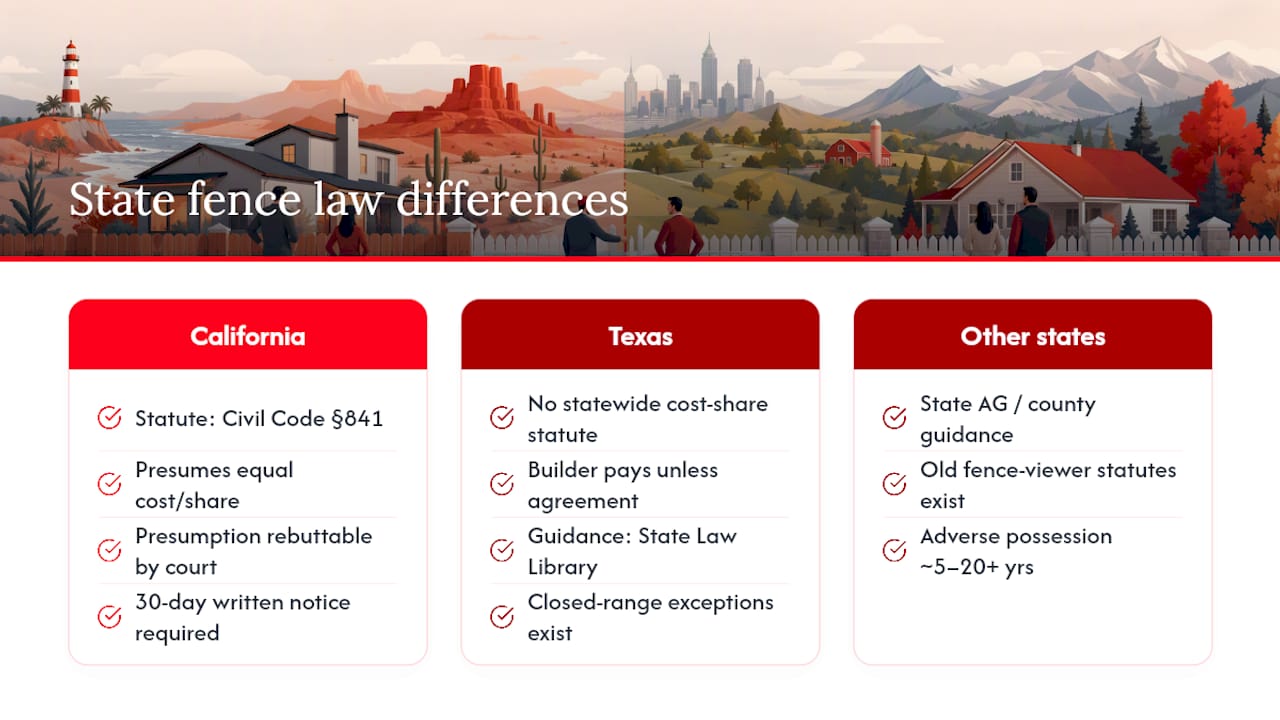 Property Line Fence Rules: Who Pays, Who Owns, What's Next Diagram comparing state property line fence laws
