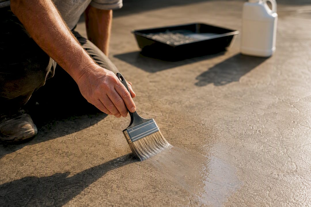 What a Concrete Patio Actually Costs Homeowners in 2026 Hand applying concrete sealer on patio