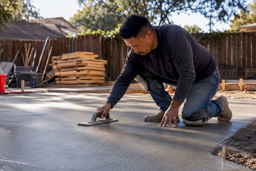 What a Concrete Patio Actually Costs Homeowners in 2026 Contractor smoothing fresh concrete slab