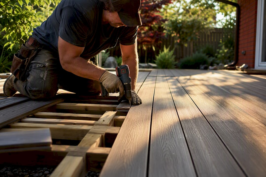 Installer fastening composite deck boards to joists