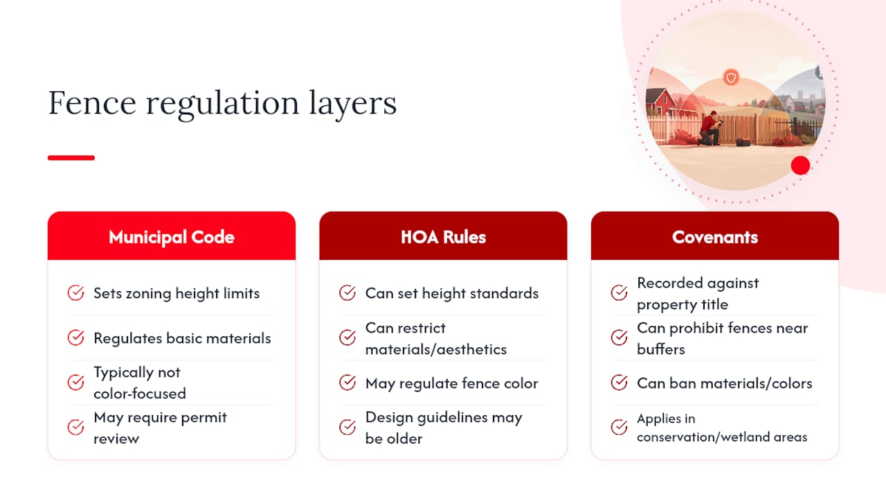 Diagram showing layers of fence permit restrictions by local codes, HOA, and covenants