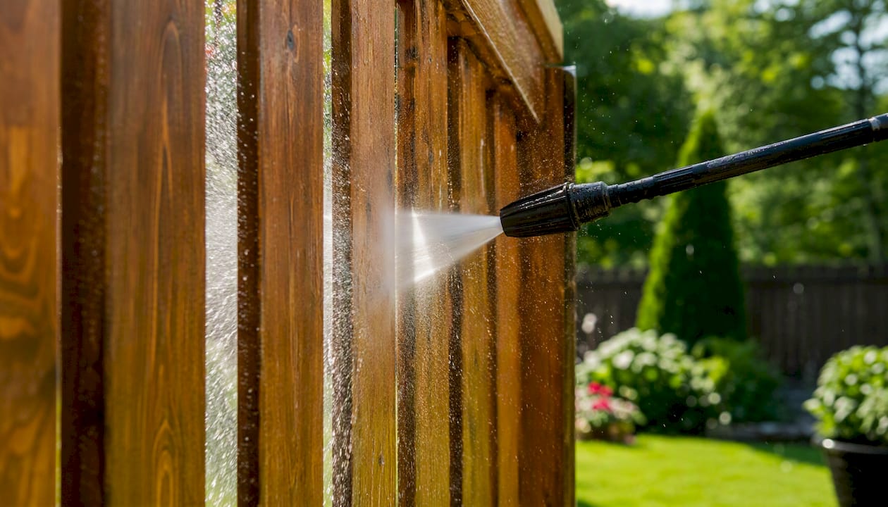 Pressure washer nozzle spraying deck boards