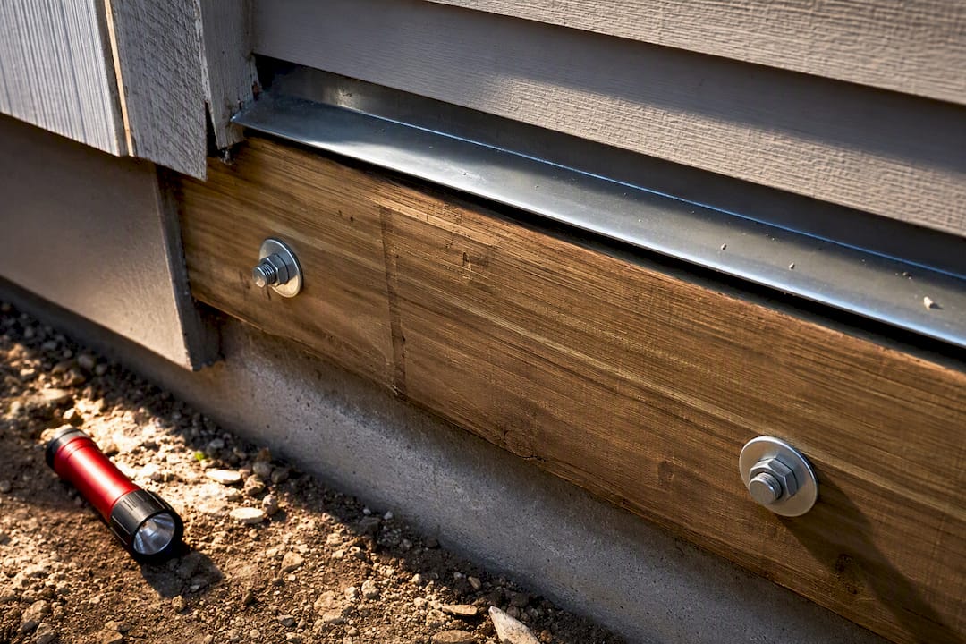 Ledger flashing inspected beside house wall