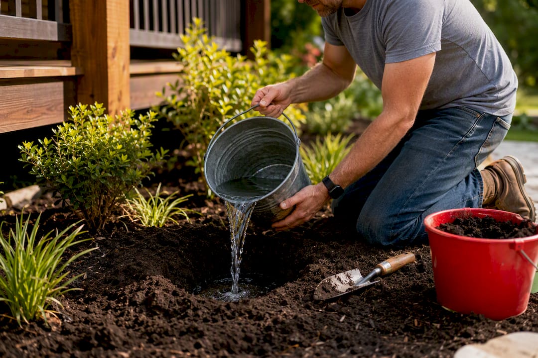 Homeowner testing drainage beside deck