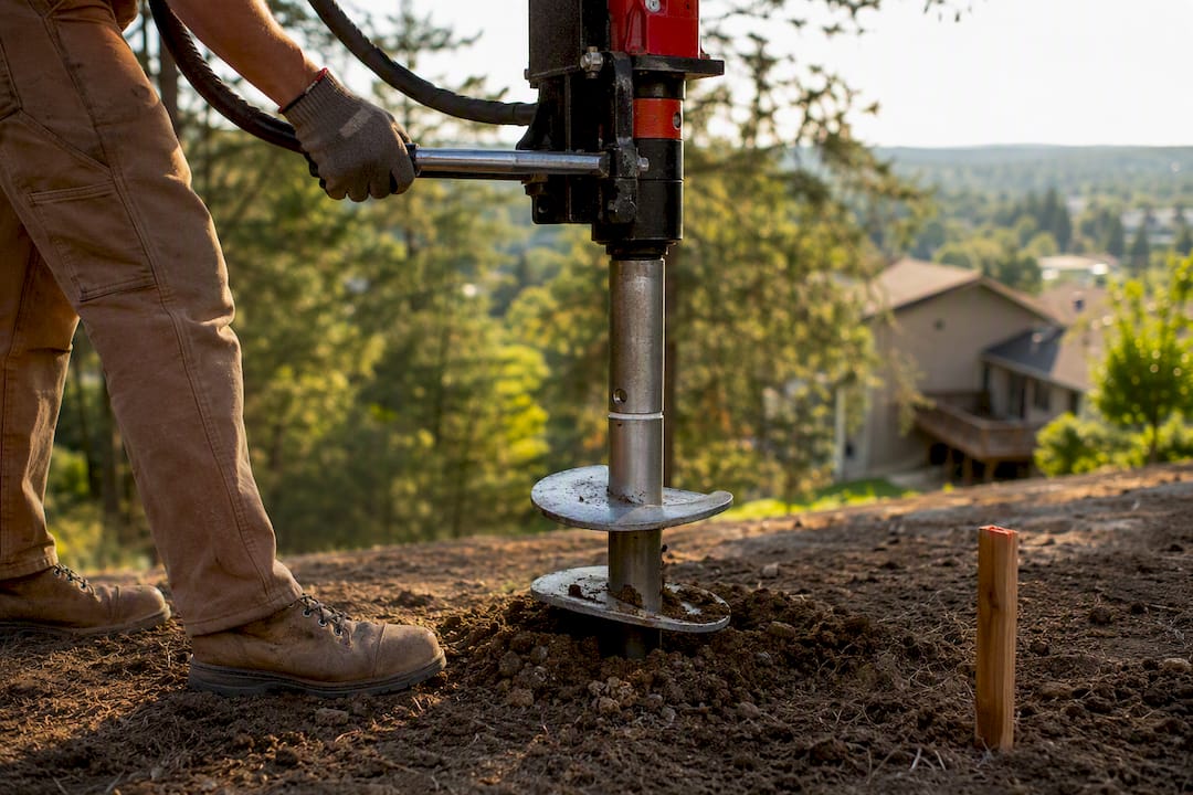 Helical pile being installed on sloped backyard