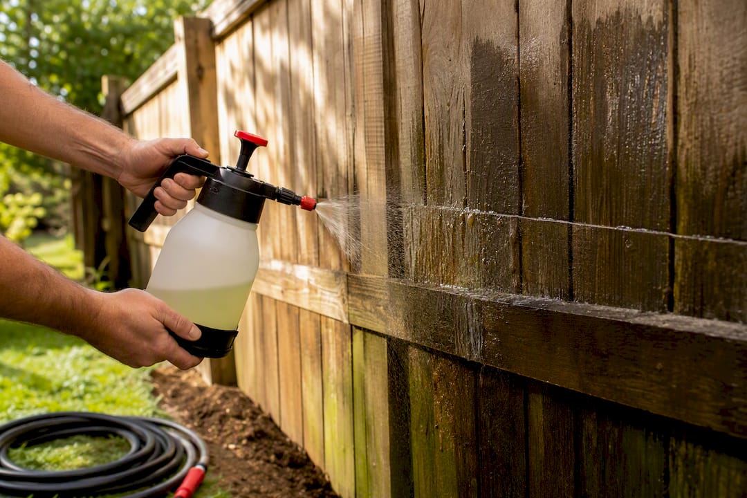 Hands applying detergent to a wooden fence