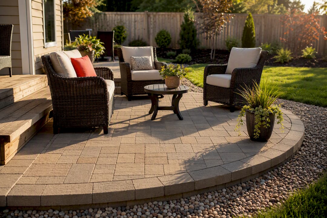 Semicircular paver seating nook beside patio