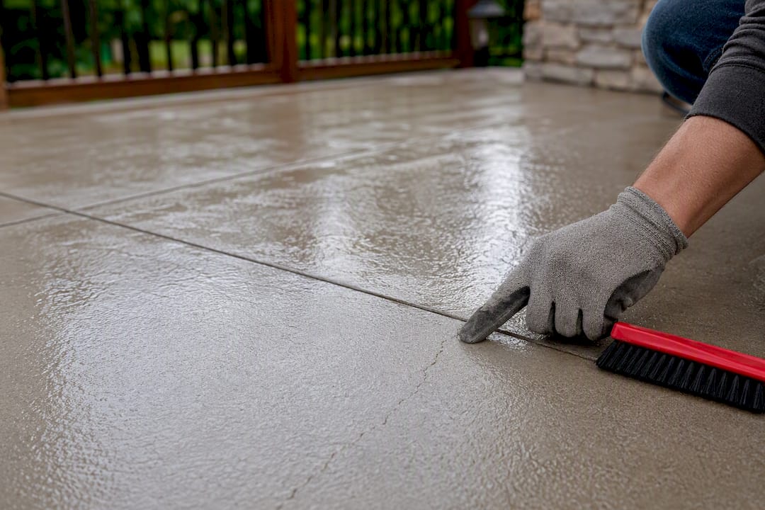 Hairline cracks mirroring an underlying patio slab