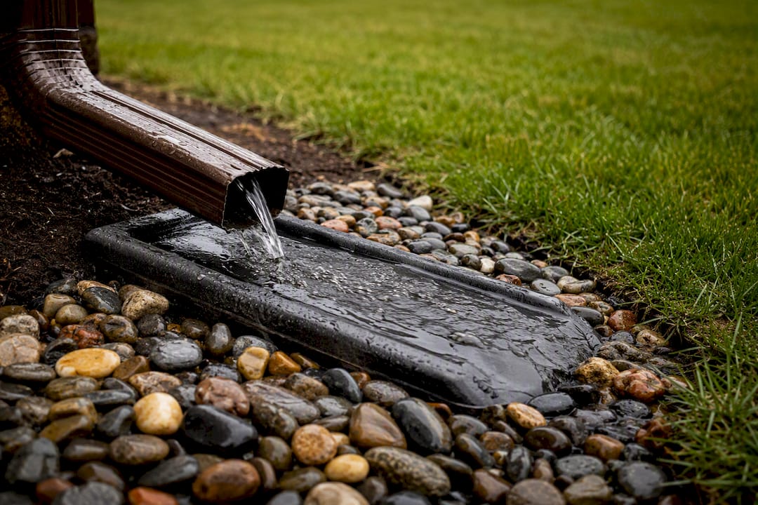 Splash block dispersing downspout water