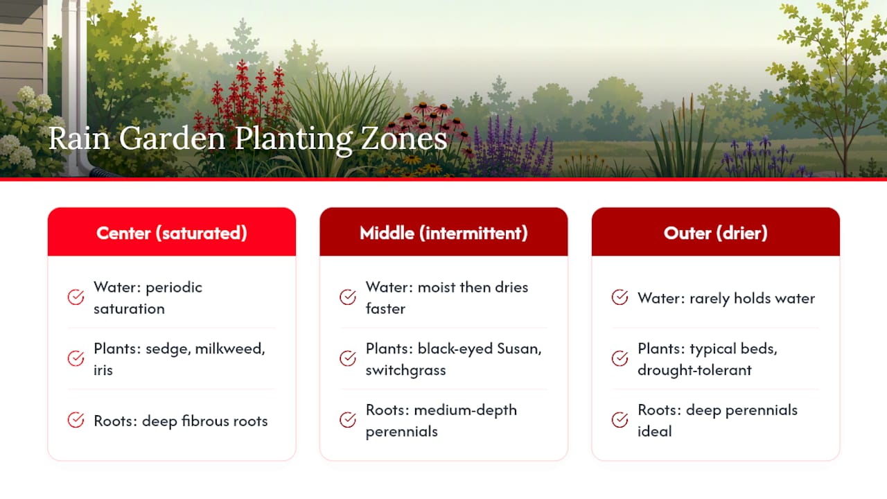 Three rain garden planting zones