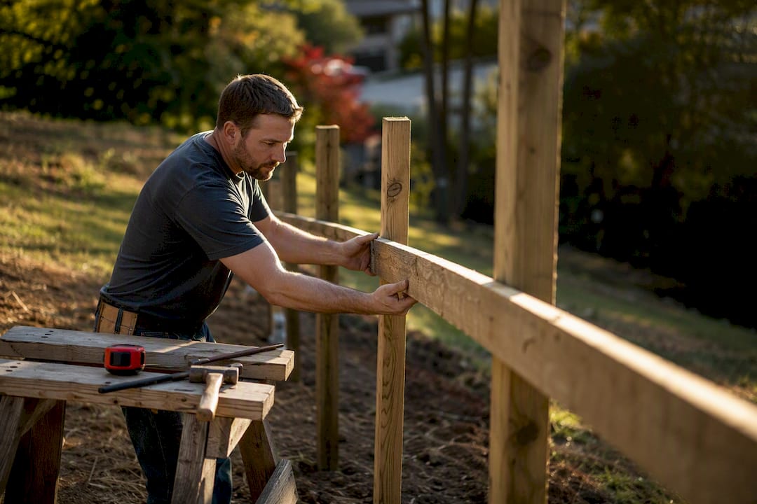 Builder measuring custom fence rail spacing
