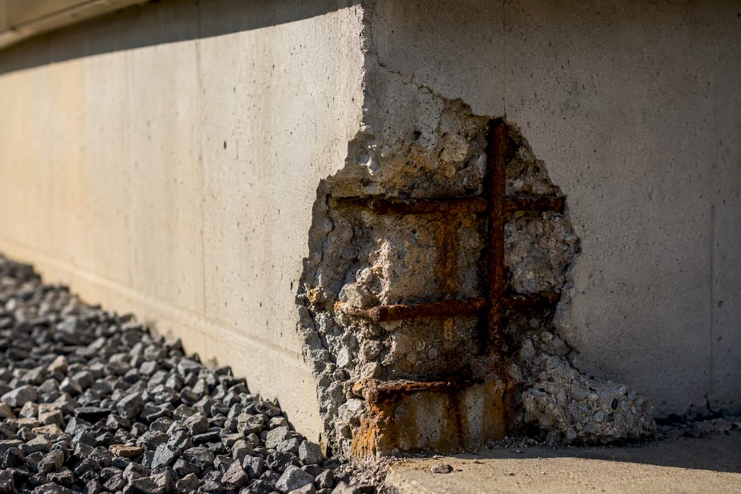 Rusted rebar exposed through spalled concrete