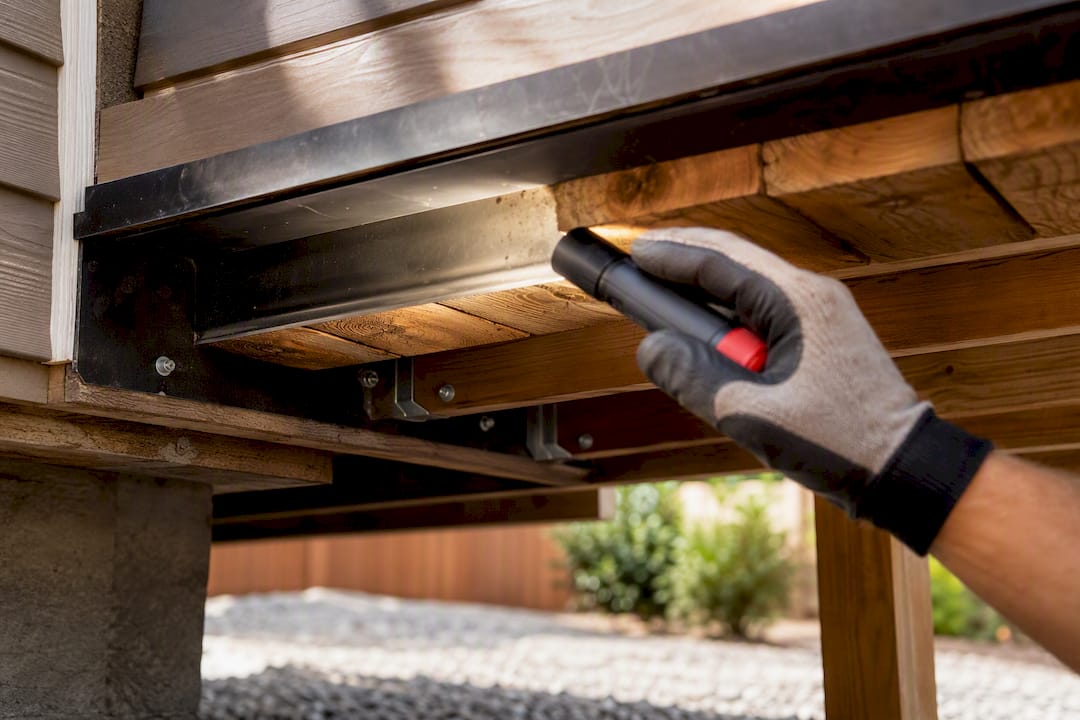 Hand inspecting deck ledger flashing