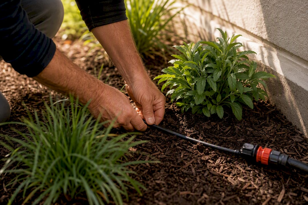 Homeowners: 3 Low Maintenance Landscaping Moves Contractors Recommend Drip line watering plants in mulched bed