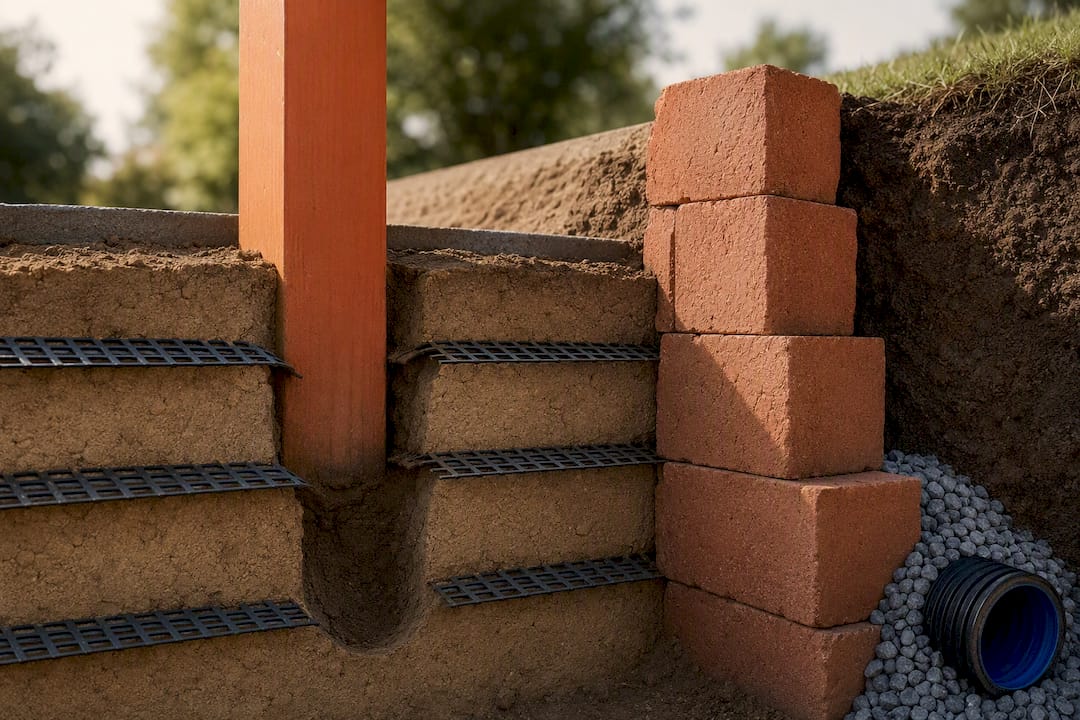 Post hole intersecting retaining wall geogrid