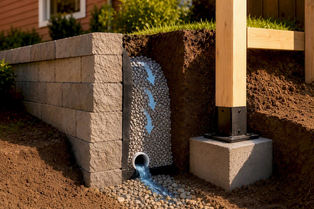 Guardrail post beside retaining wall drainage