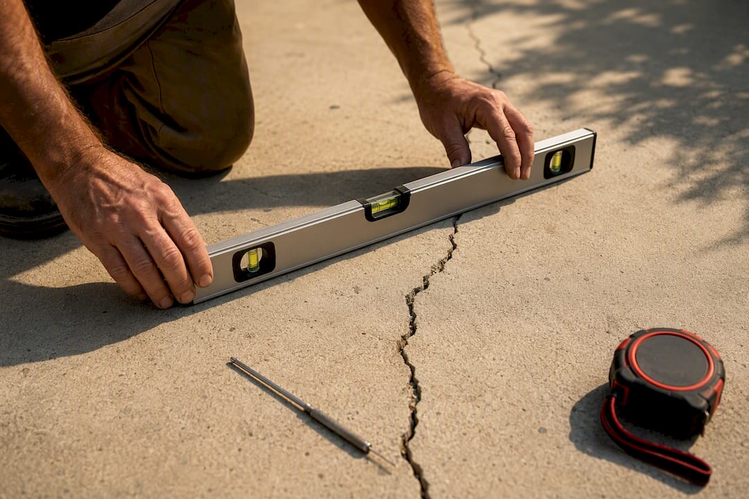 Spirit level checking cracked concrete patio