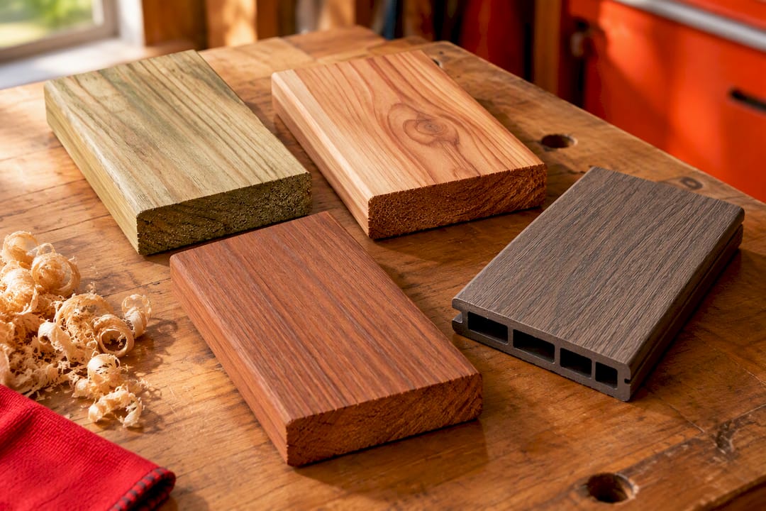 Unlabeled wood and composite decking samples