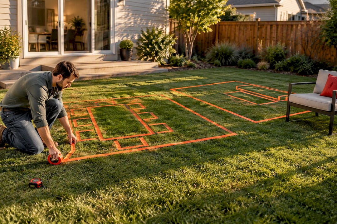 Taped furniture zones mapped on backyard lawn
