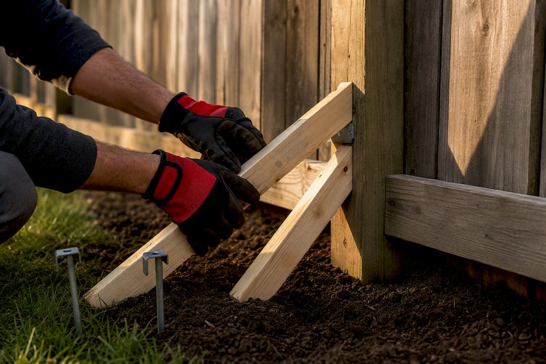 Temporary braces securing leaning fence post