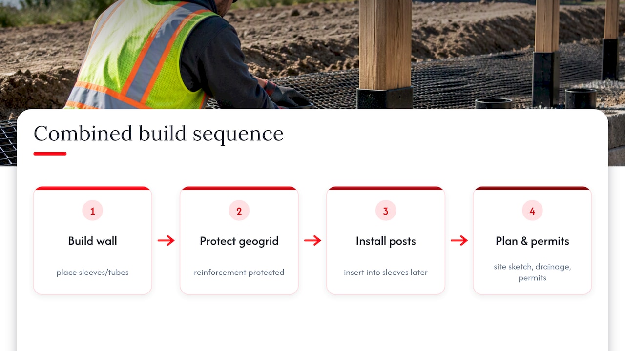 Homeowner Checklist: Avoid Failures With Fence on Retaining Wall Construction sequence protecting geogrid from fence posts