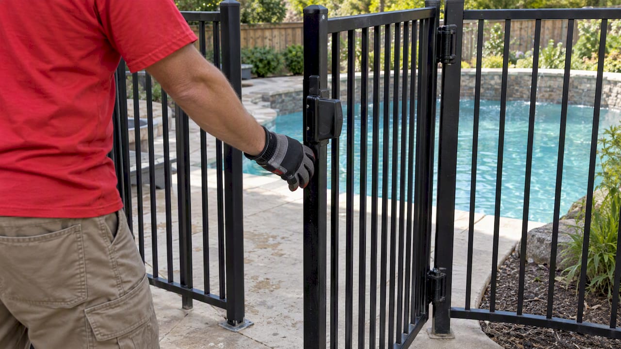 Pool gate opening outward with latch hardware