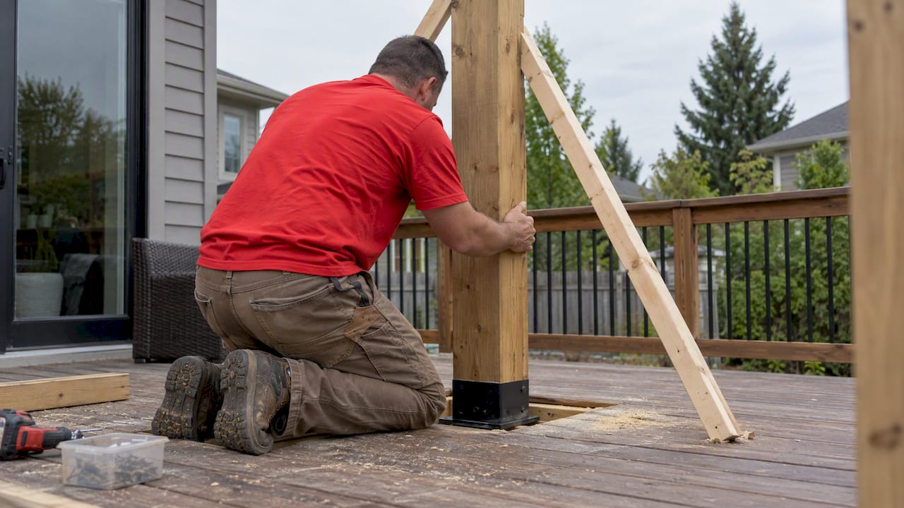 Braced pergola post on finished deck