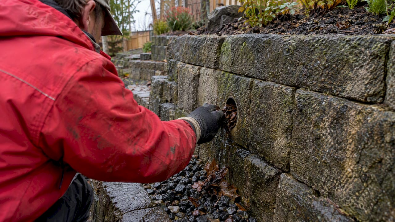 Homeowner clearing debris from wall outlet