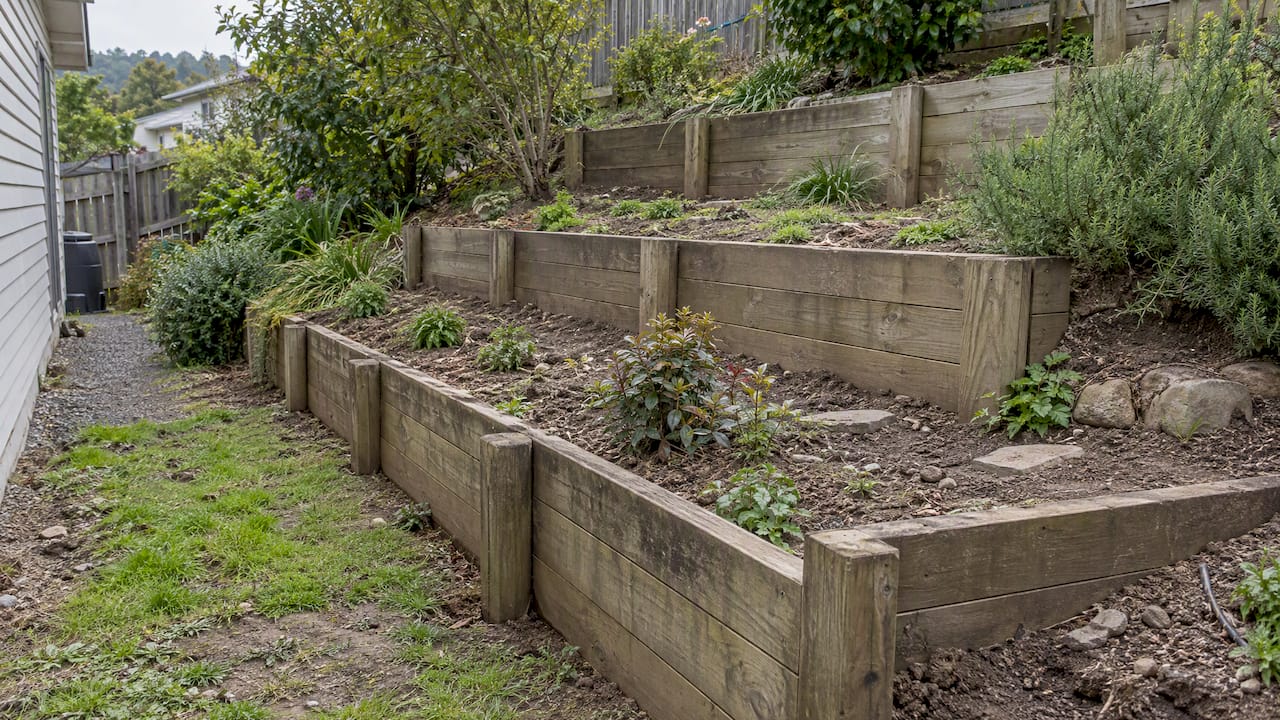 Stepped timber wall tiers follow a garden slope