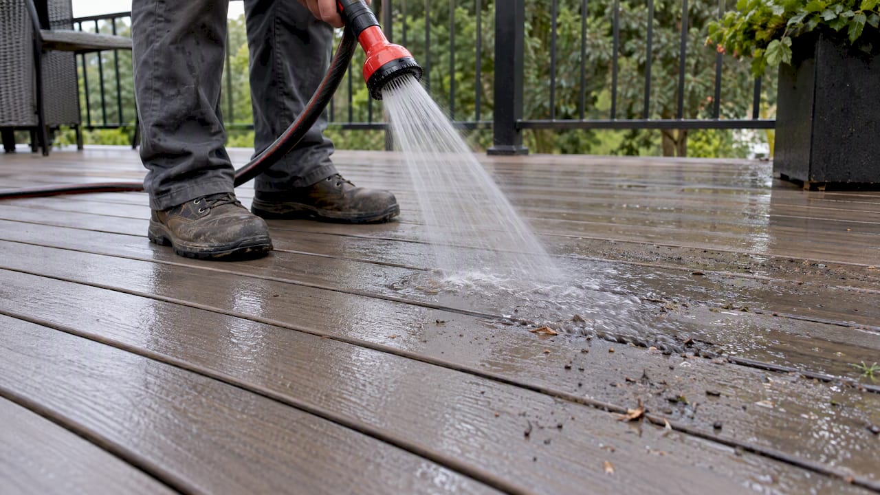 Water rinsing dirt toward composite deck gaps