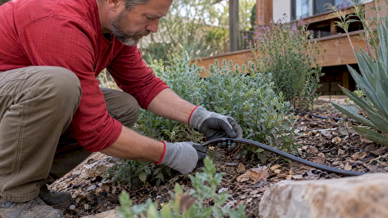 Homeowner checking a drip emitter in a xeric bed