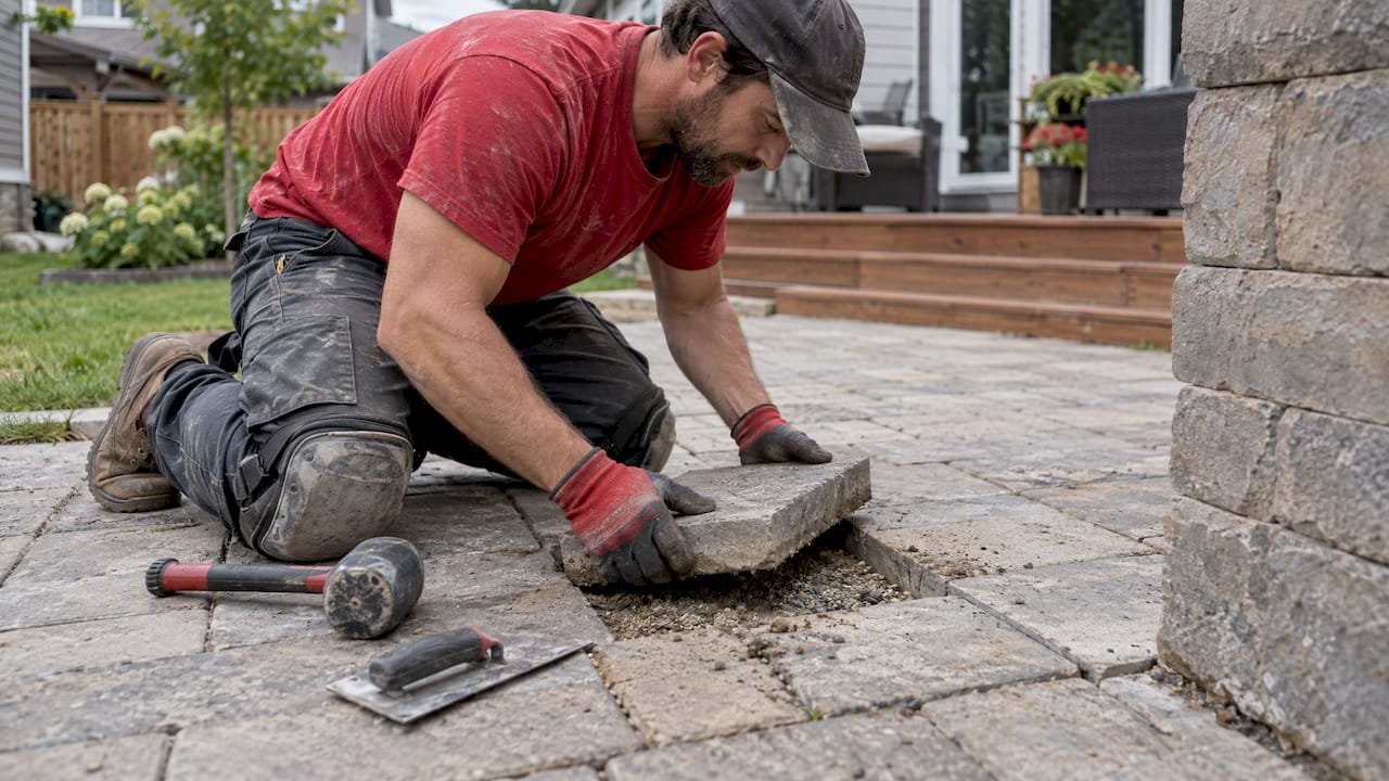 Installer resets a paver over its prepared base