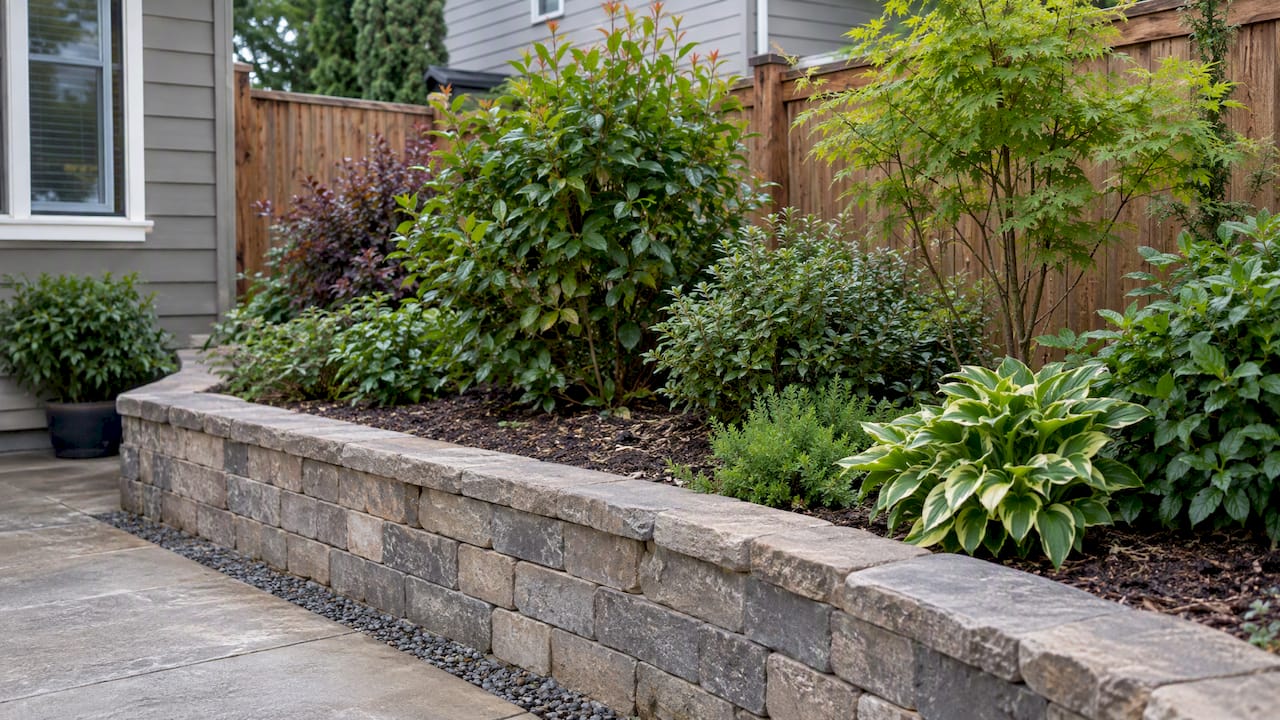 Low retaining wall supports a raised planted bed