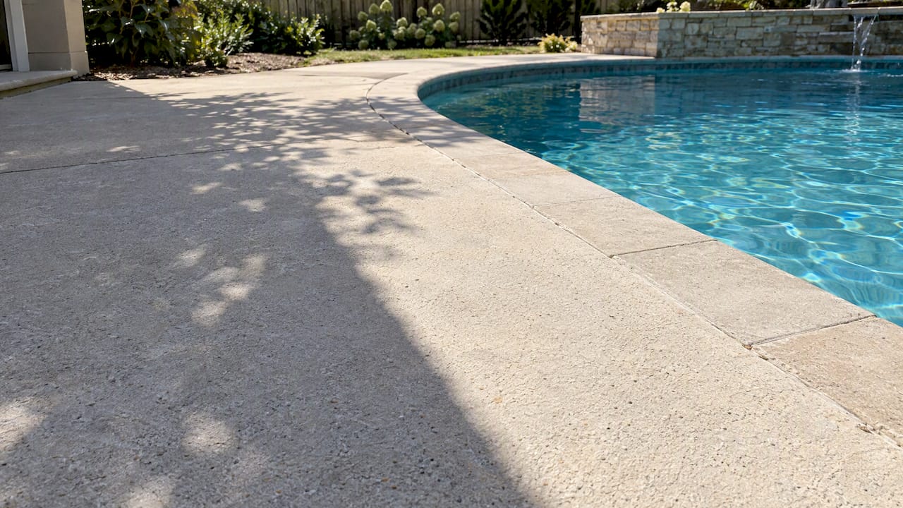 Partial shade falls across a light concrete pool deck