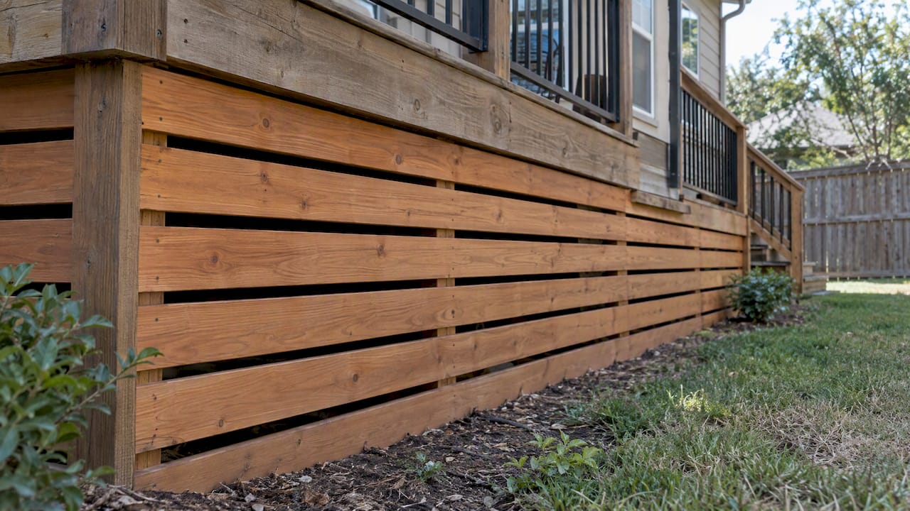 Deck Skirting Ideas: Materials, Costs and What Works Horizontal cedar slats beneath a raised deck