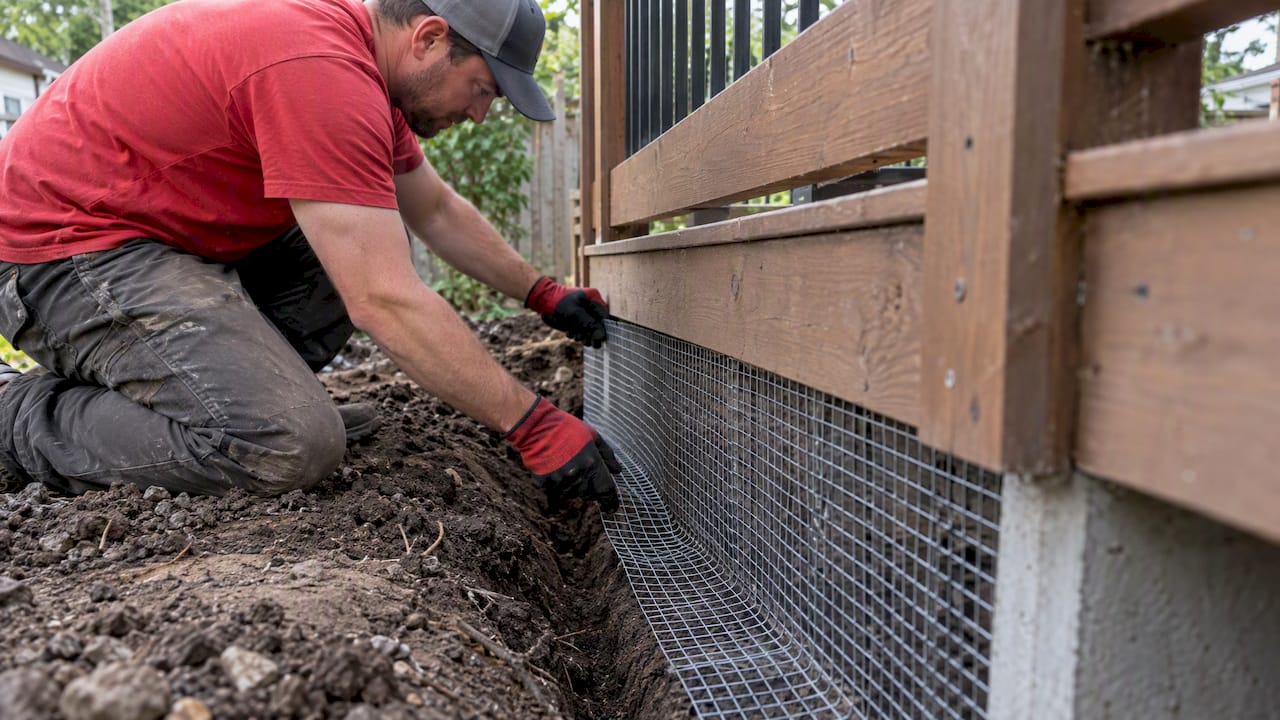 Deck Skirting Ideas: Materials, Costs and What Works Wire mesh flared outward in a deck-side trench