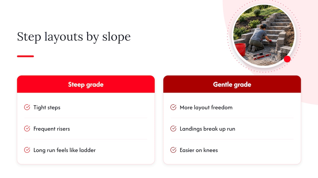 Step layouts for steep and gentle slopes